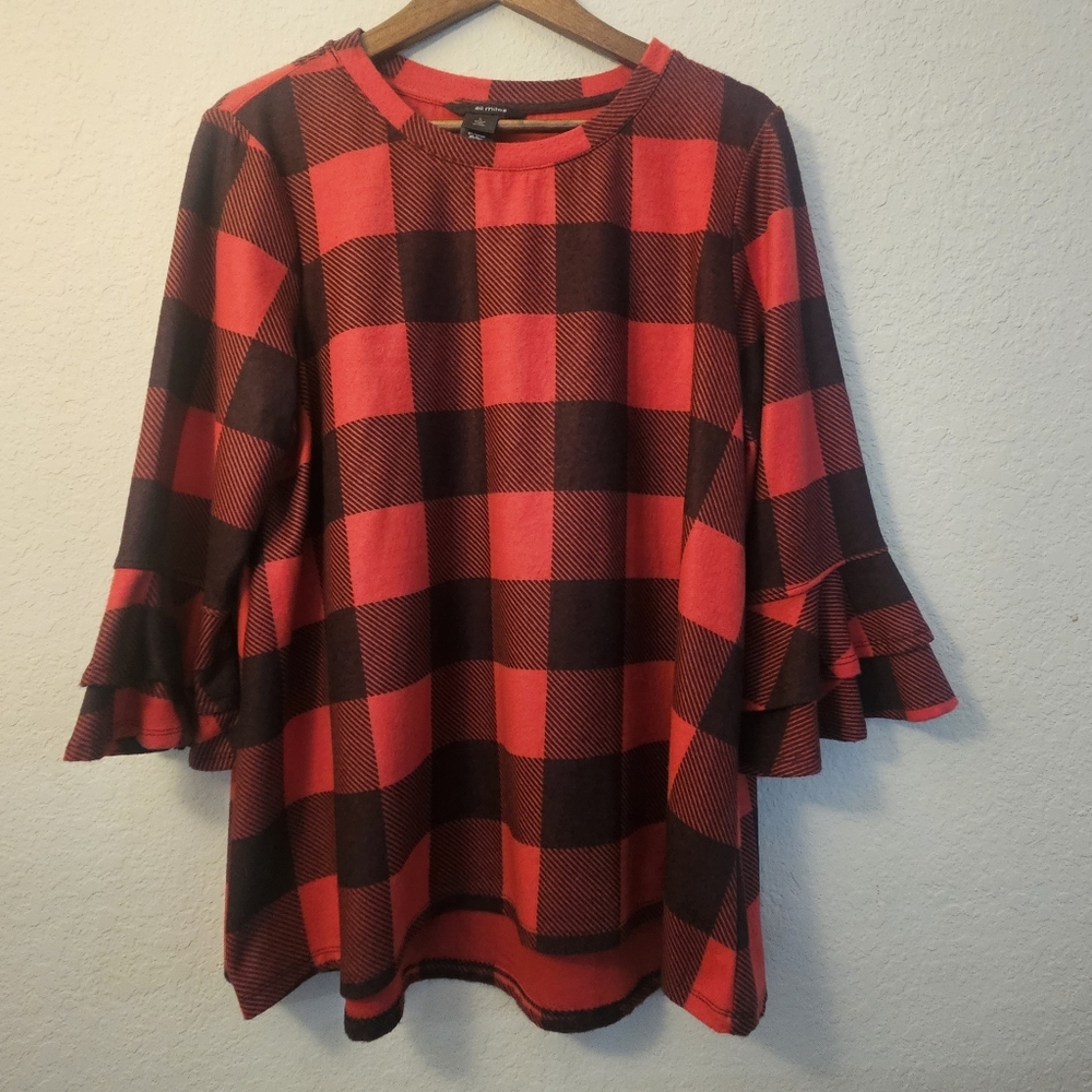 Ali Miles Tunic Sweater Womens Large Red Black Buffalo Plaid Bell Ruffle Sleeve